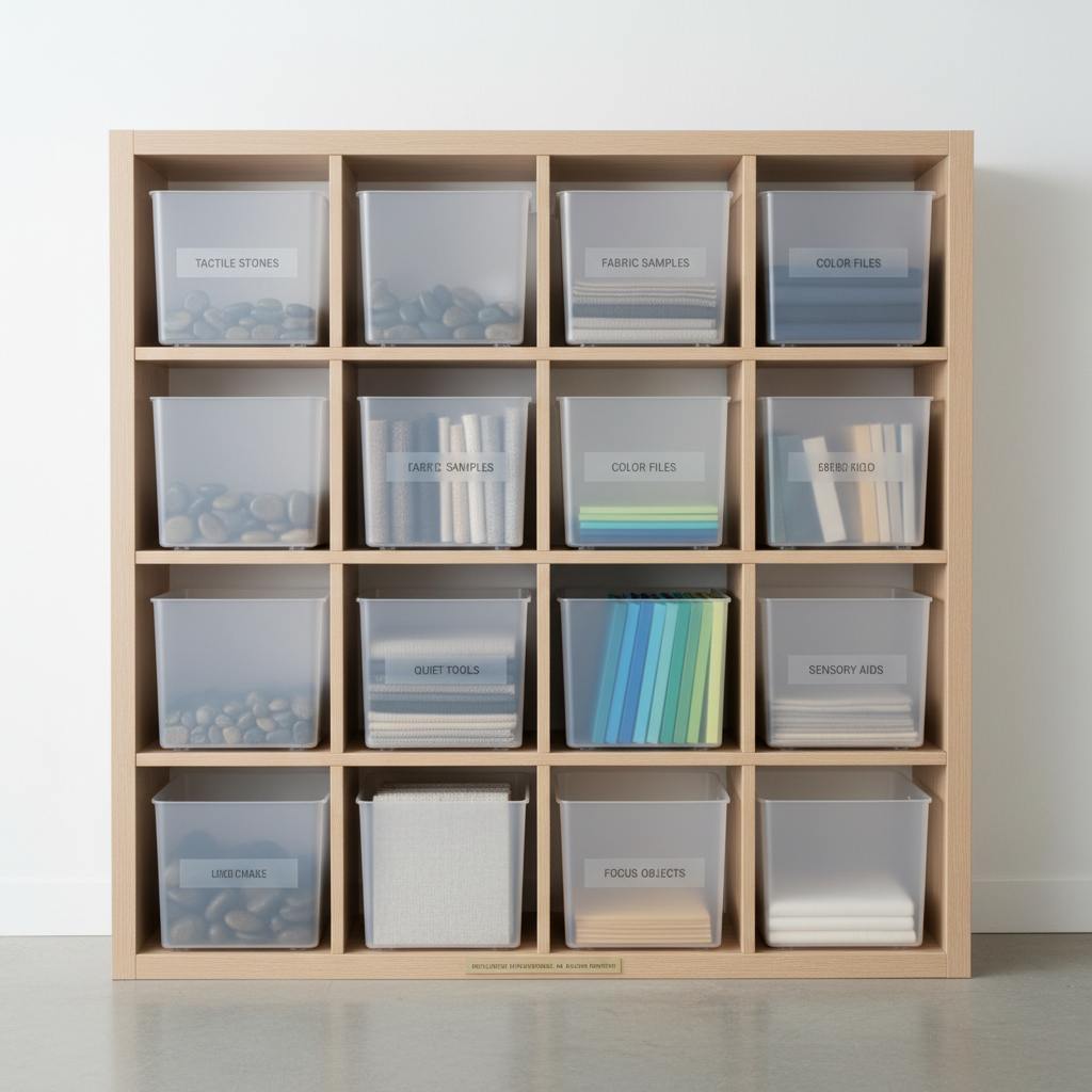 An open, organized shelving unit made of light ash wood, with structured compartments housing translucent acrylic bins each labeled in muted gray tones. The bins contain neatly arrayed objects—smooth tactile stones, textured fabric squares, color-coded folders. The shelves stand against a softly lit white wall under ambient studio lighting, producing a serene atmosphere with balanced illumination and gentle soft shadows. Shot from a slightly elevated front angle, the composition intentionally spotlights organization and clarity. The visual style is clean, corporate, and minimalist, supporting a message of harnessing structured environments as an autism strength.
