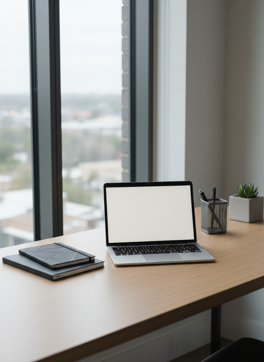 A sleek, modern desktop workspace featuring a minimalist wooden desk organized with geometric, neutral-tone office accessories—matte black notebooks, a brushed silver laptop, and a structured wire organizer. Everything is meticulously arranged with clean lines and ample negative space. The desk is set beside a large window allowing diffused overcast daylight to spill across the surface, creating gentle highlights and understated shadows. The balanced, eye-level composition emphasizes order and professionalism, with a sharp focus throughout and a crisp, photographic realism. The mood is calm and focused, echoing themes of structured thinking and strengths-based productivity relevant to autism.